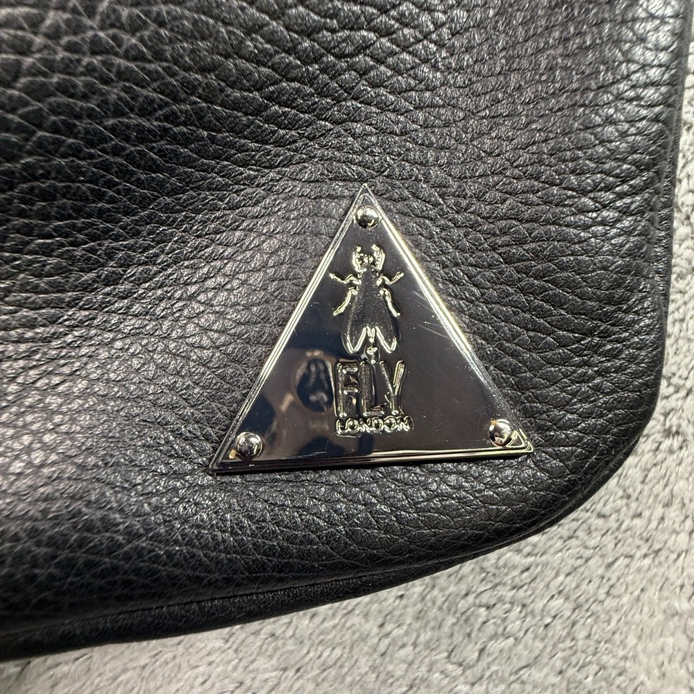 Fly London Black Leather Crossbody Bag Fold Over Flap Zip Close Triangular Logo - Picture 2 of 8